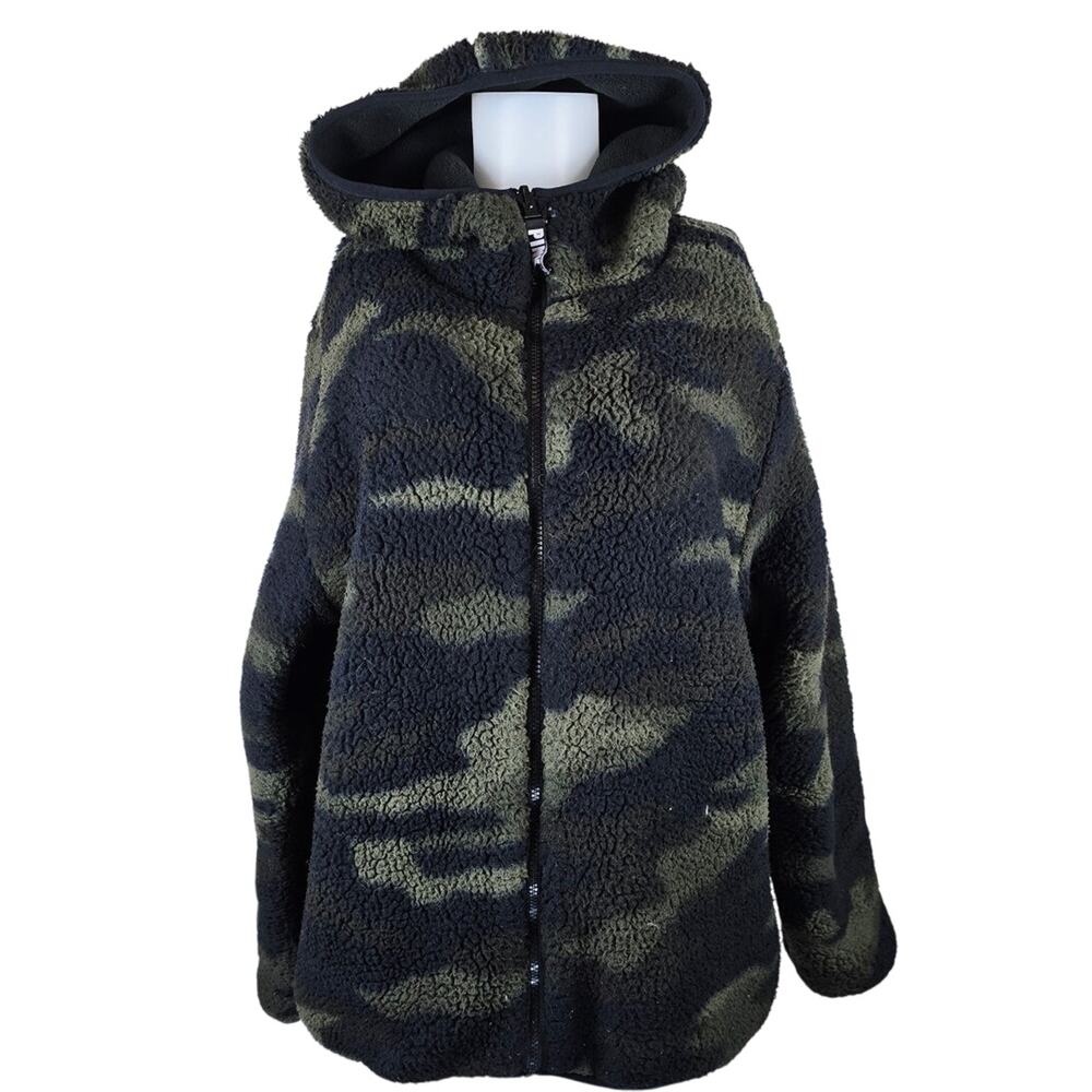 Victoria Secret Pink Black Camoflauge Reversible Womens Sherpa Jacket L